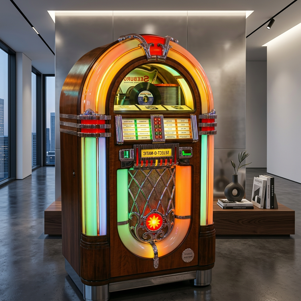 Vintage illuminated jukebox in a retro diner with people dining